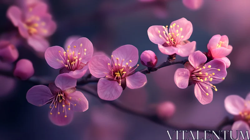 Pink Blossoms on Branch with Golden Stamens.