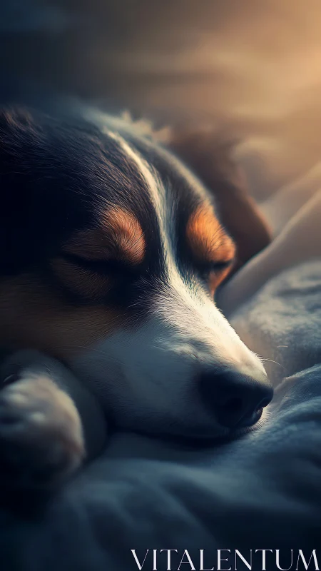 Close-up profile of a tricolor dog sleeping on bedding.