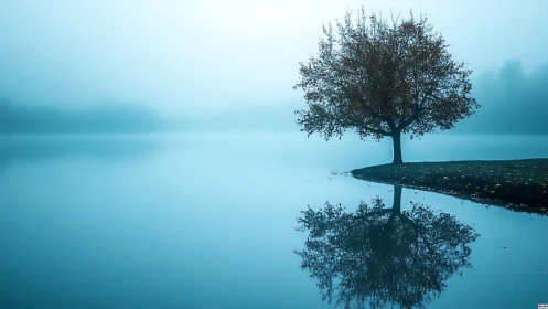 Gentle lakeside tree rests in calm blue morning mist