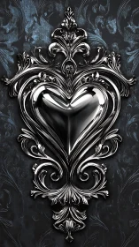 Ornate Silver Heart Against Weathered Baroque Damask Background