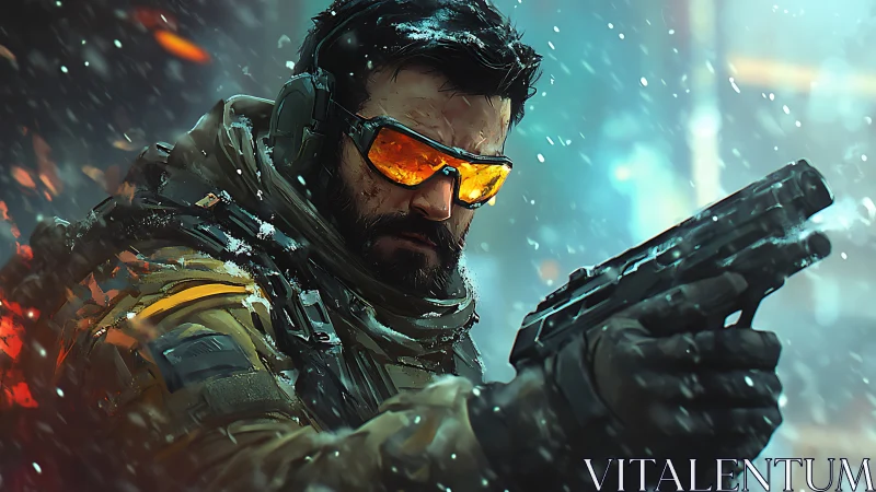 Armored soldier aiming pistol in harsh winter combat zone.