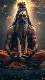 Fire crowned yogi in molten stillness of midnight meditation.