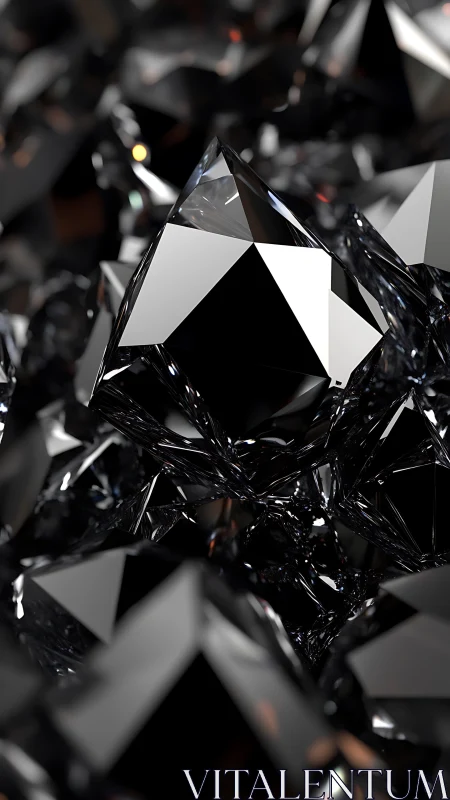 Faceted black crystal cluster renders sharp reflective geometry