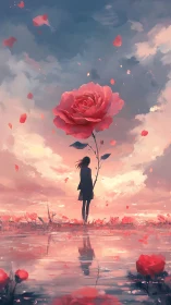 Silhouette girl holding giant rose under soft evening sky.