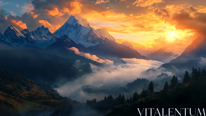 Sunlit alpine peaks above misty forested mountain valley.