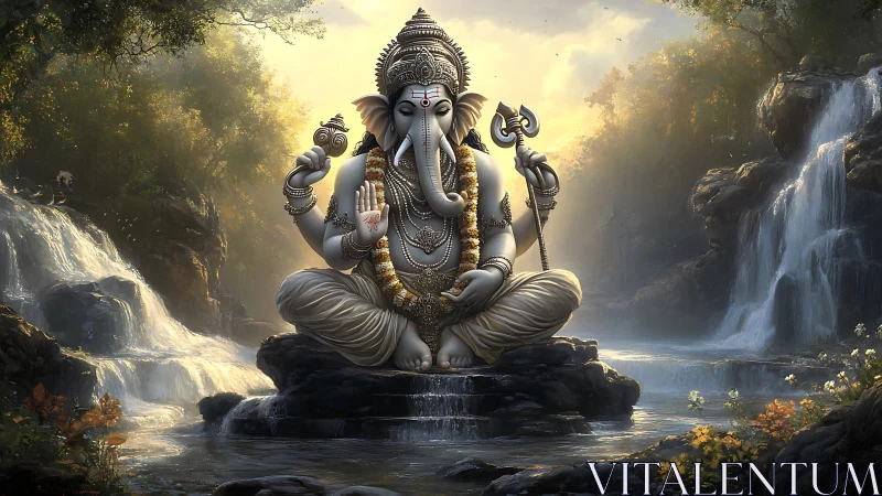Serene Ganesha statue meditates peacefully by soft waterfalls