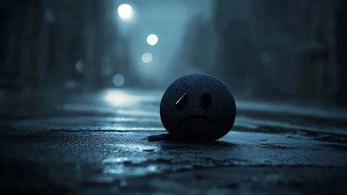 Sad black sphere emoji on wet empty night street.