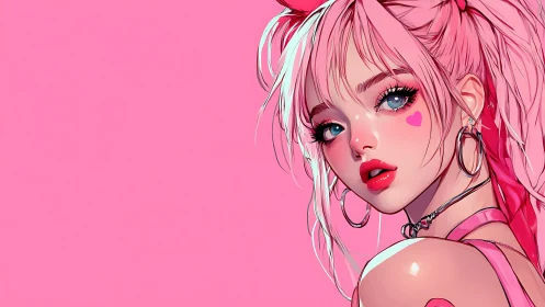 Pink haired anime girl glows against flat pastel backdrop