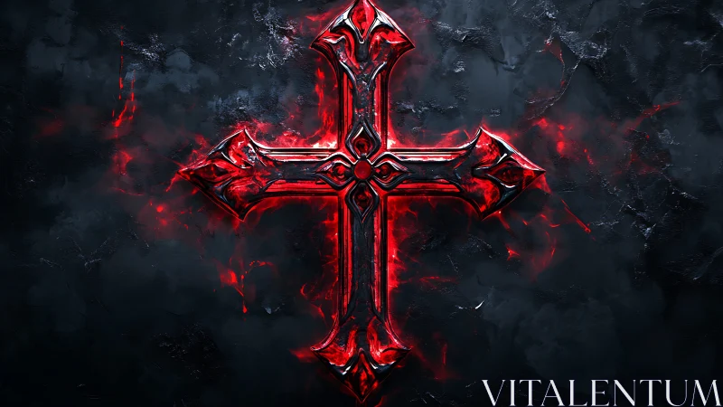 Luminous red gothic cross rendered with molten metallic edge glow