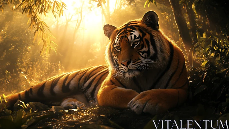 Tiger resting in dense forest under low warm sunlight.