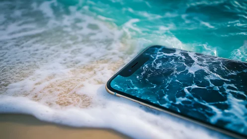 Smartphone lying in seawater surf with foamy shoreline.