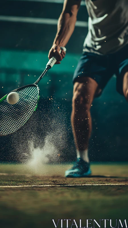 Tennis player striking ball on clay court in low angle shot.