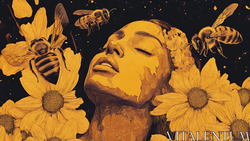 Female figure with bees and sunflowers in stylized orange palette.