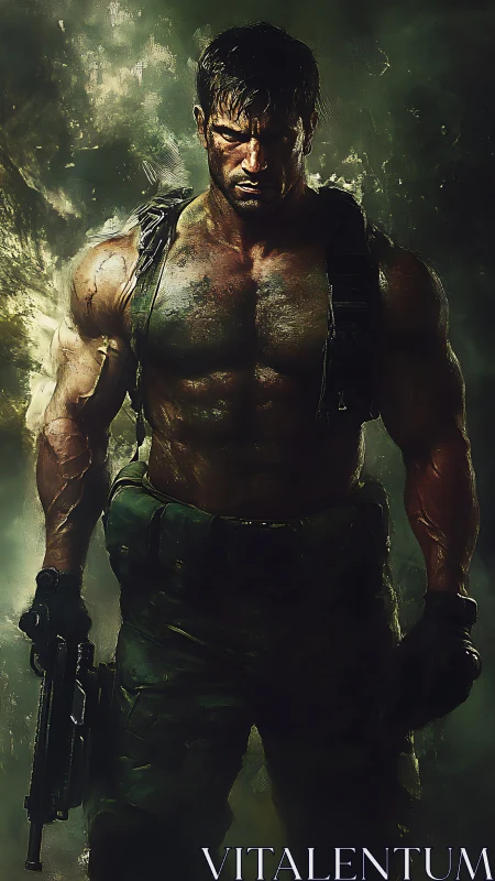 Digital painting of battle-scarred soldier in dramatic chiaroscuro.