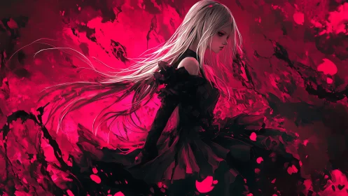 Crimson storm engulfs a lone anime girl in shadowed grace.