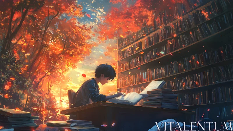 Autumn library of burning leaves and quietly blazing books.
