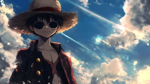 Straw hat anime figure under vivid clouded sky.