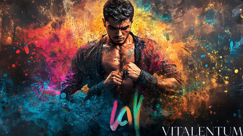 Male fighter central portrait amid dynamic splatter color field