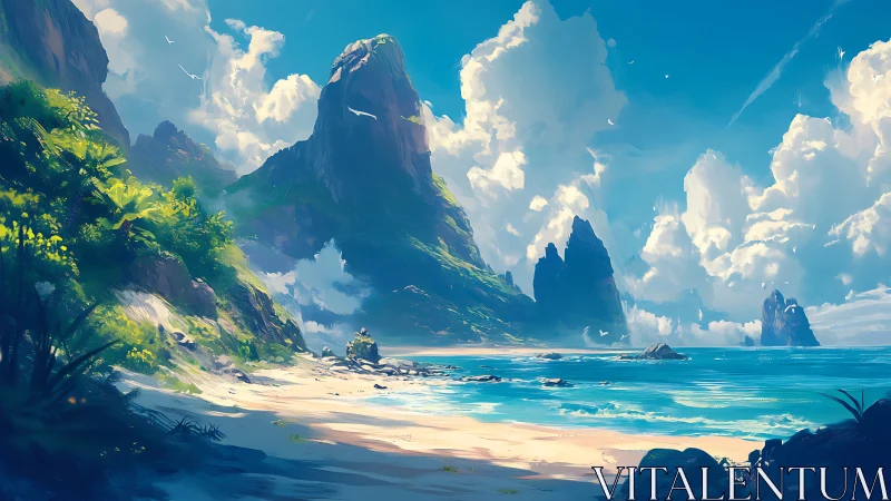 Coastal landscape with towering rock formations and beach.