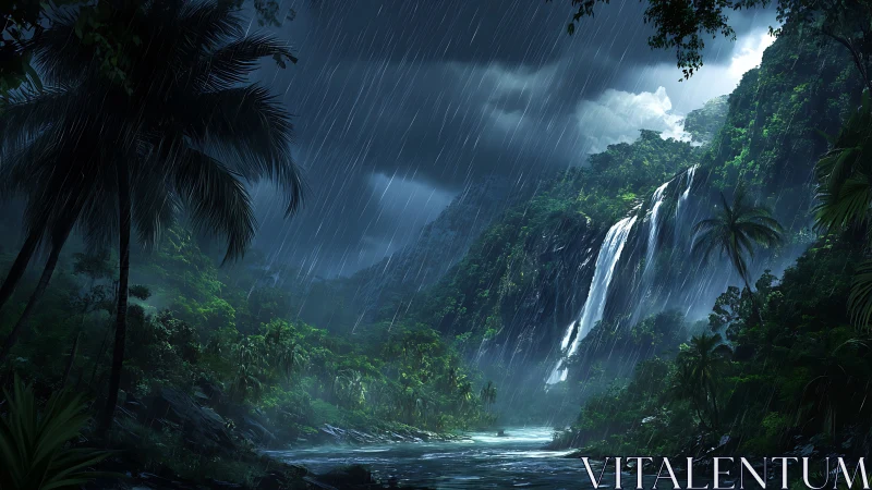 Dense rainforest waterfall under heavy rainfall and storm-lit sky