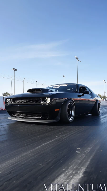 Black drag-strip muscle car under clear blue sky in motion.