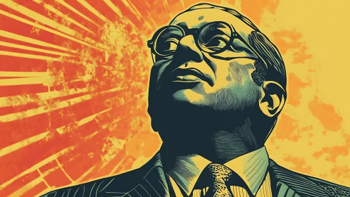 Bold visionary portrait framed by radiant sunburst lines.