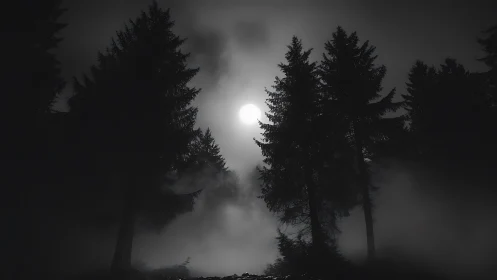 Monochrome conifer silhouettes in nocturnal mist study.