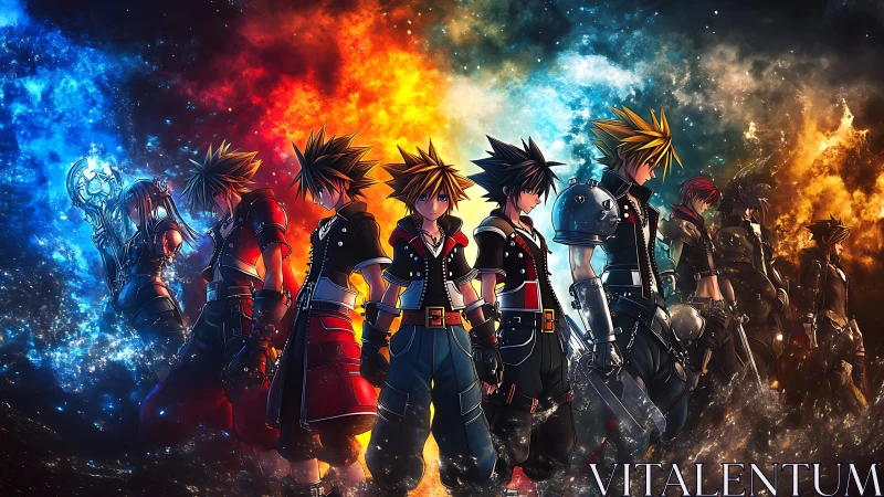 Lineup of spiky haired anime warriors against fiery nebula background