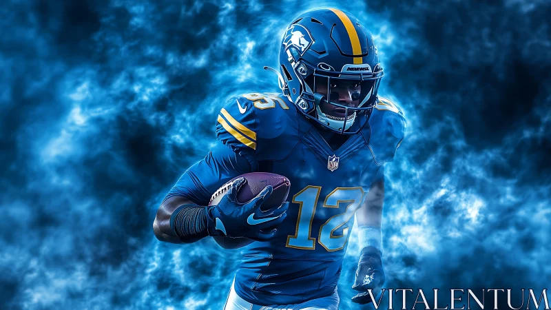 Electric blue football runner charging through swirling energy.