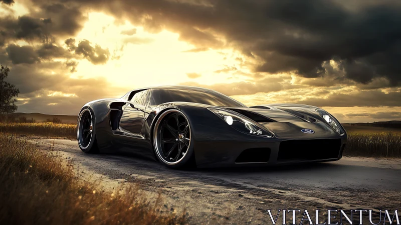 Sleek black sports car welcomes the sunset on a quiet road