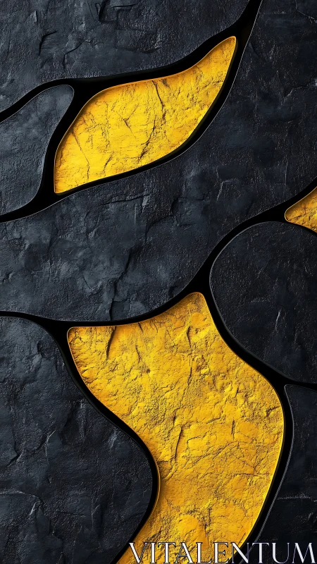 Molten gold fragments embedded in dark stone relief wall.