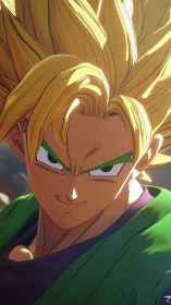 Golden‑haired anime warrior locked in smoldering focus.