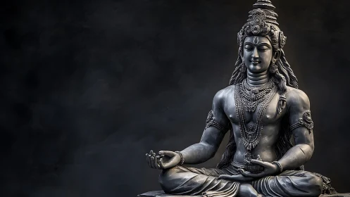 Serene meditative deity statue radiates calm against darkness