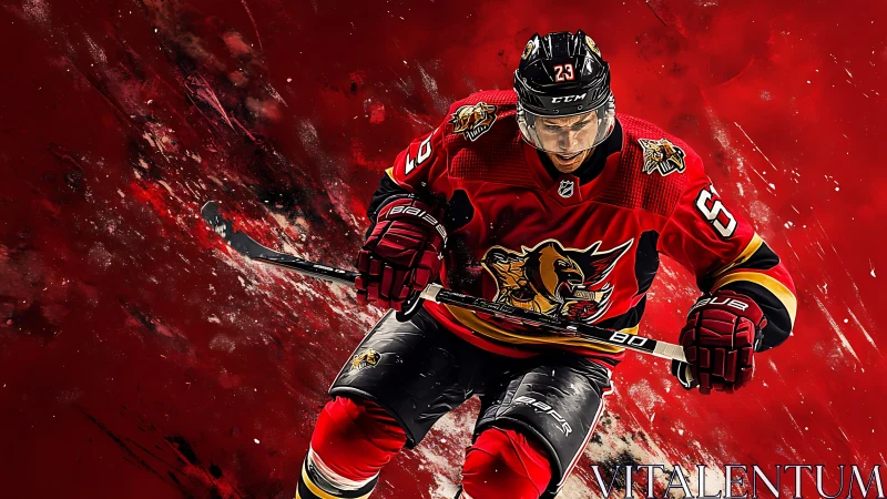 Dynamic ice hockey hero charging through bold red energy.