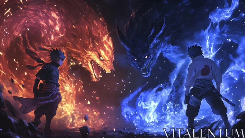 Opposed warriors with red and blue elemental wolf forms.