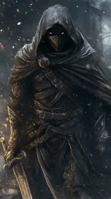 Hooded shadowblade strides through embers and winter fog.