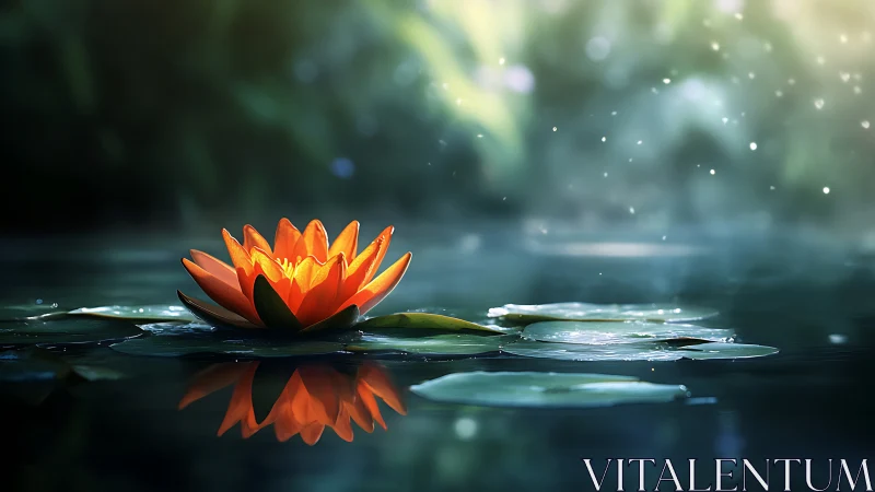 Radiant orange waterlily floating on tranquil teal pond.