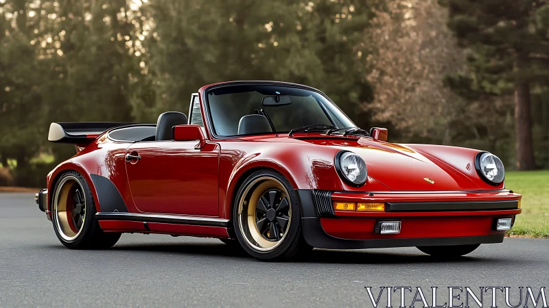 Sunlit red classic convertible poised for relaxed cruising.