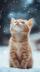 Orange Kitten Gazes Skyward Through Falling Snowflakes.