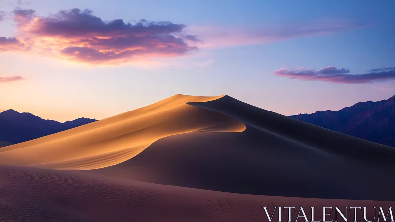 Sunlit desert dune ridge under pastel twilight sky.