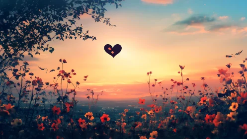 Black Heart Over Sunset Flower Field.