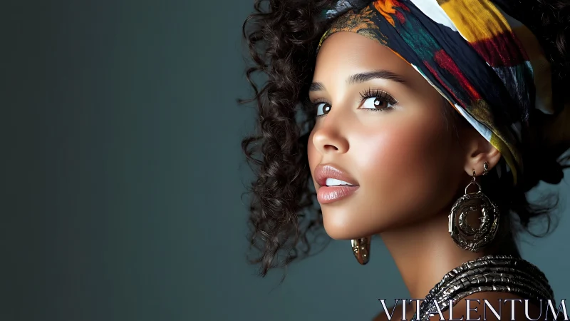 Elegant woman with curly hair in vibrant headscarf, modern portrait.