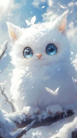 Snowy blue-eyed kitten on winter branch with butterflies.