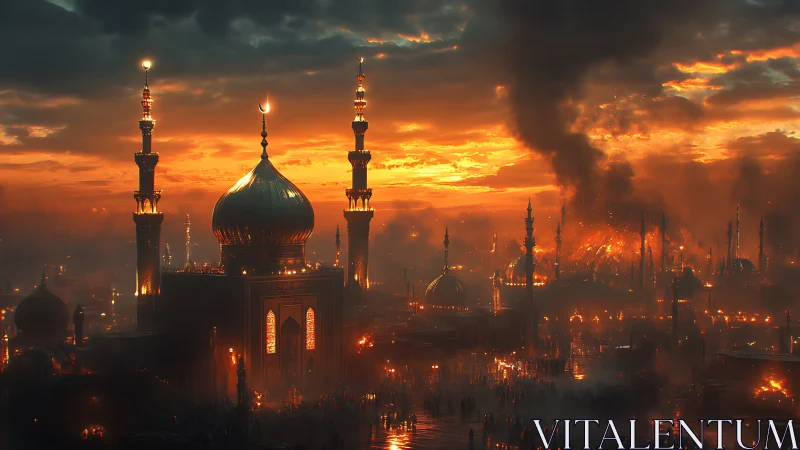 Golden domes glow against a dramatic, flame-tinted sunset sky