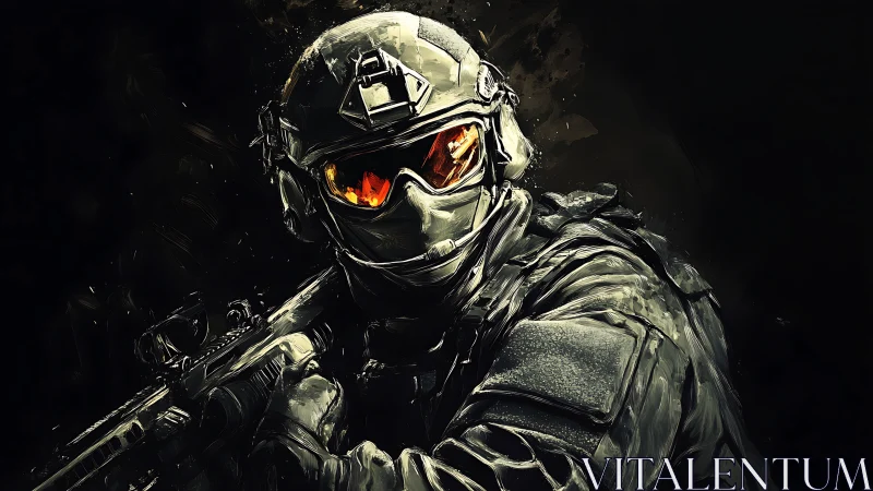 Armored soldier poised in glowing visor and shadowed light.