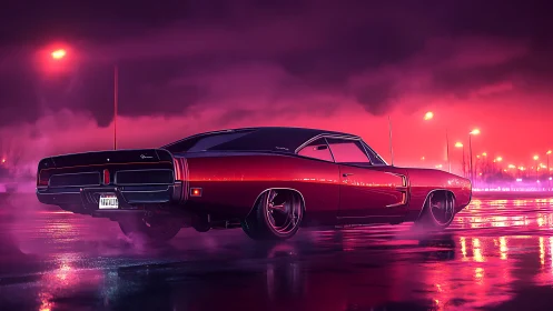Neon-lit muscle car rendered in cinematic cyber-noir perspective
