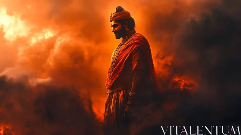 Digital painting of regal warrior in dramatic ember haze.