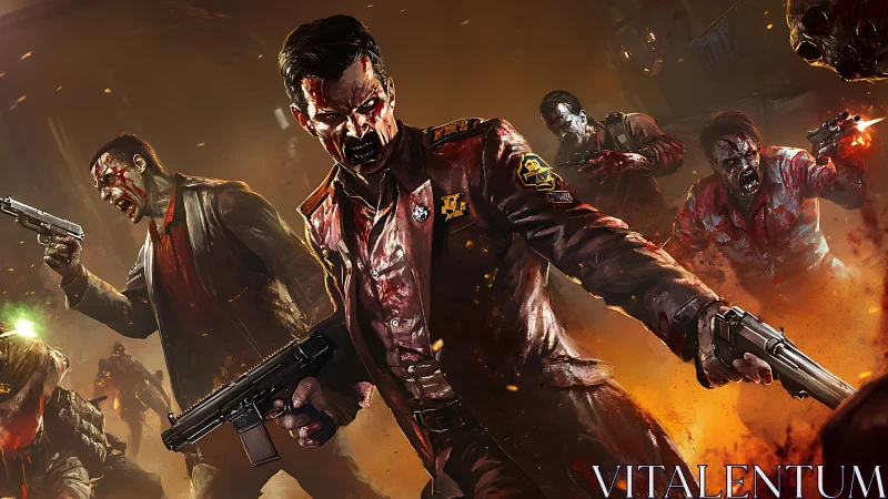 Heavily armed infected squad advances through burning corridor