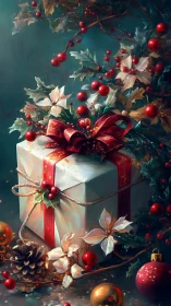 Digital painting of Christmas gift still life with holly wreath.
