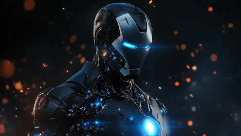 Futuristic combat android glows with blue energy in sparks